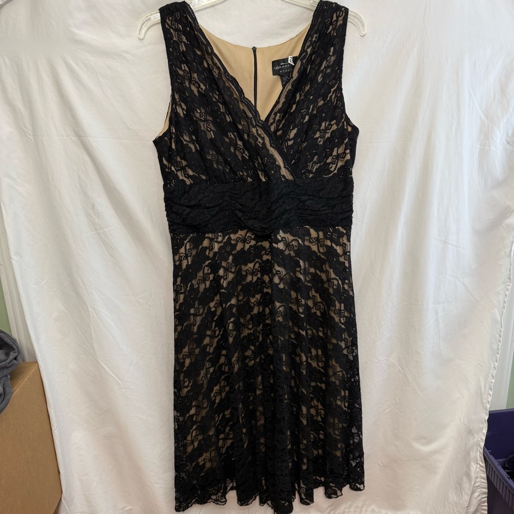 Connected Woman Elegant Black Lace over Tan Dress, 18W